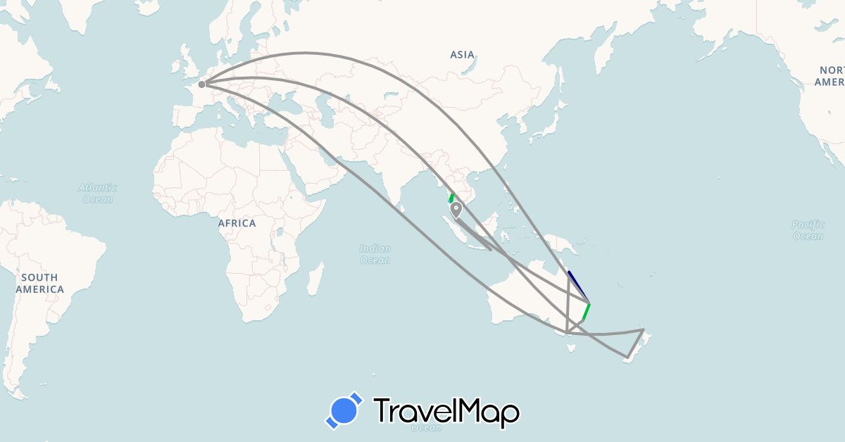 TravelMap itinerary: driving, bus, plane, boat in United Arab Emirates, Australia, France, Indonesia, Malaysia, New Zealand, Thailand (Asia, Europe, Oceania)